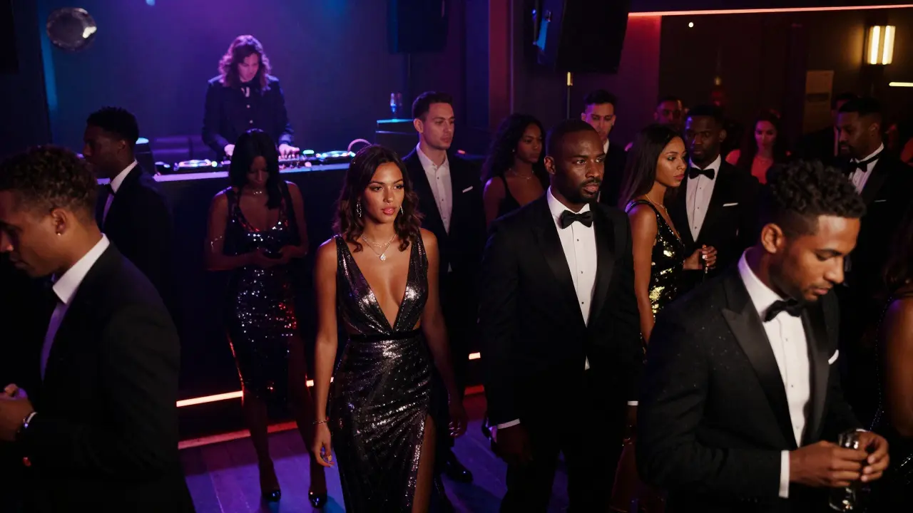 A high-end nightclub with stylish crowd in formal attire under vibrant LED lights and a DJ booth.