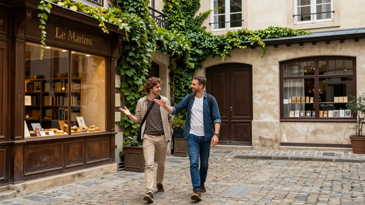 A local guide showing a visitor a hidden patisserie in a quiet Parisian courtyard, surrounded by vintage shops.