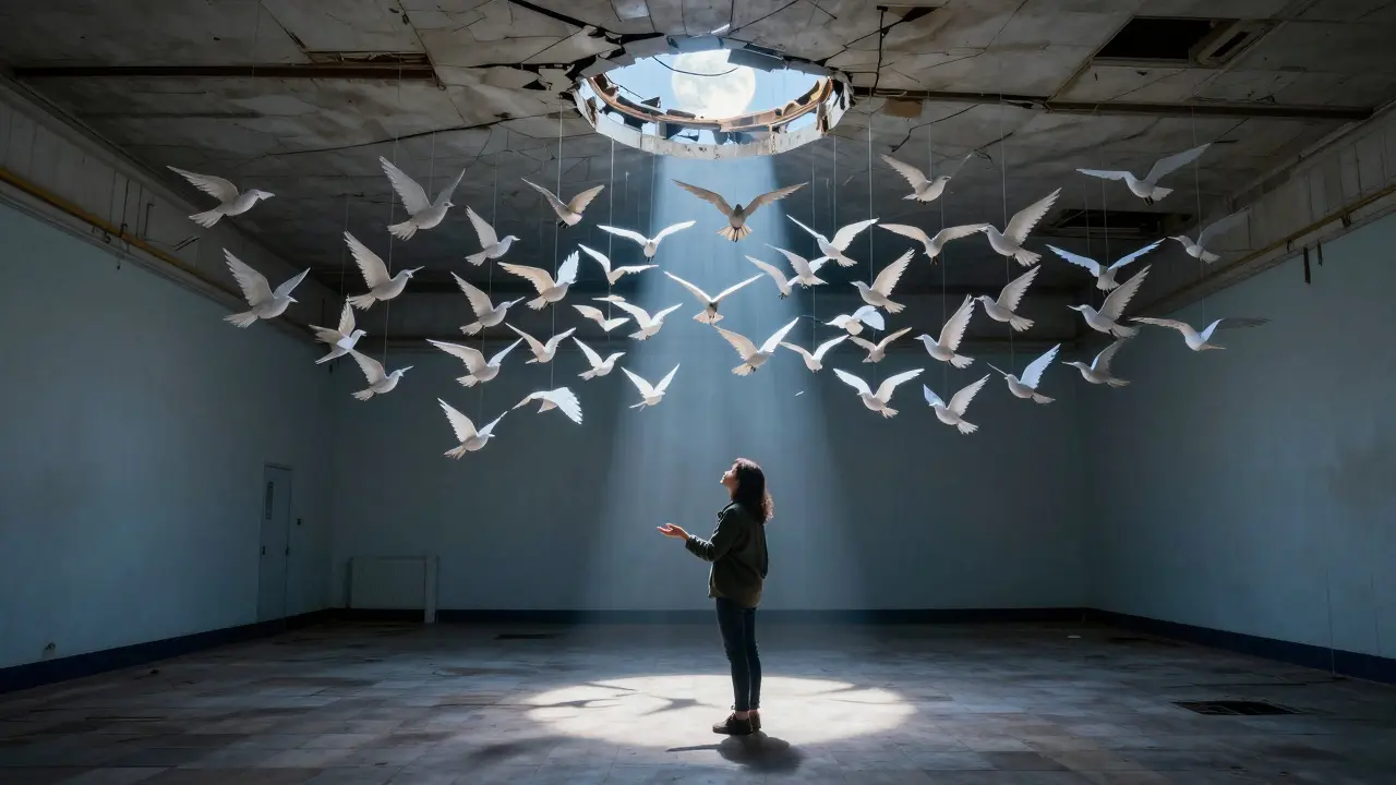 A lone person stands before a delicate installation of paper birds in a moonlit abandoned tube station, utterly alone in the moment.