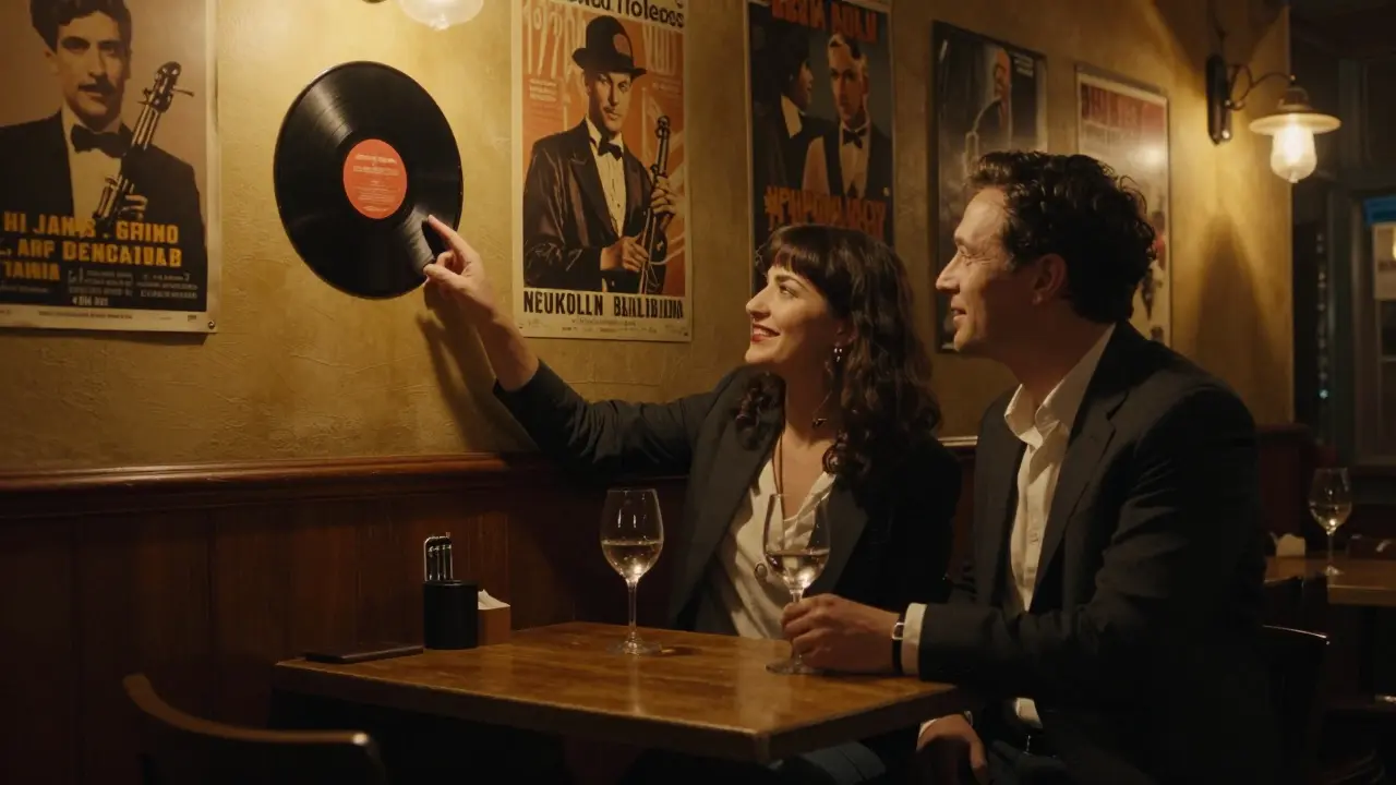 A man and woman sharing a relaxed moment in a cozy Berlin jazz bar, talking over wine.