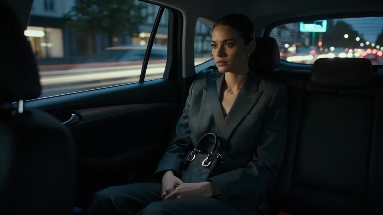 A non-binary escort sits quietly in a taxi at night, designer bag on lap, city lights reflecting on the window.