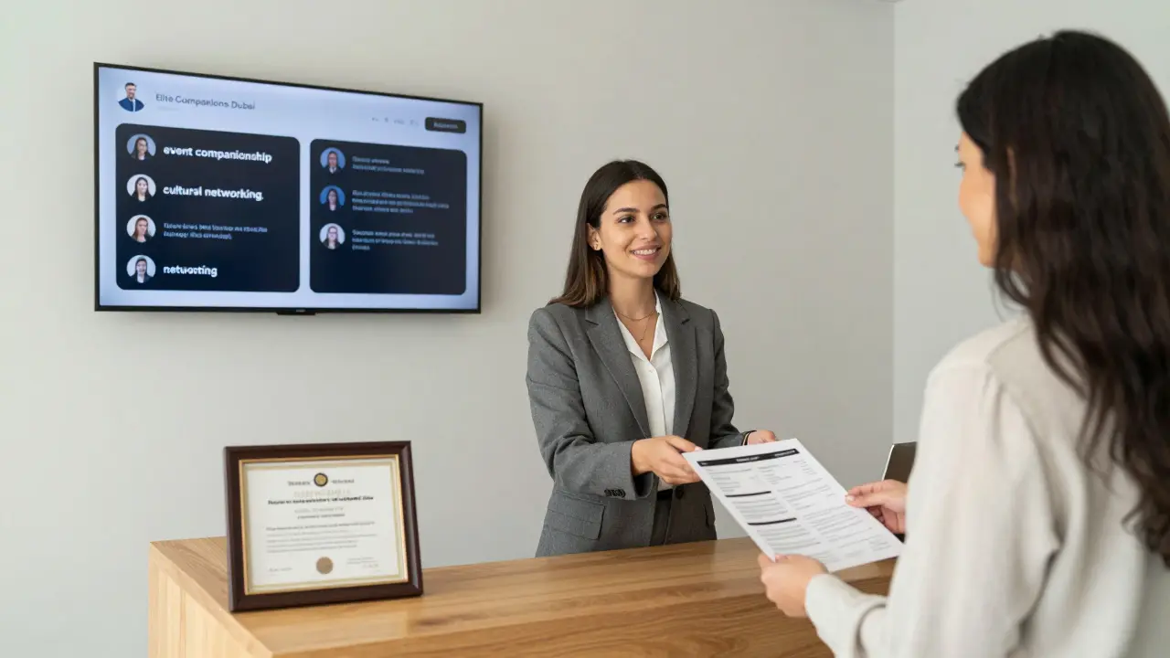 A professional companion service office in Dubai with client testimonials and business registration displayed.