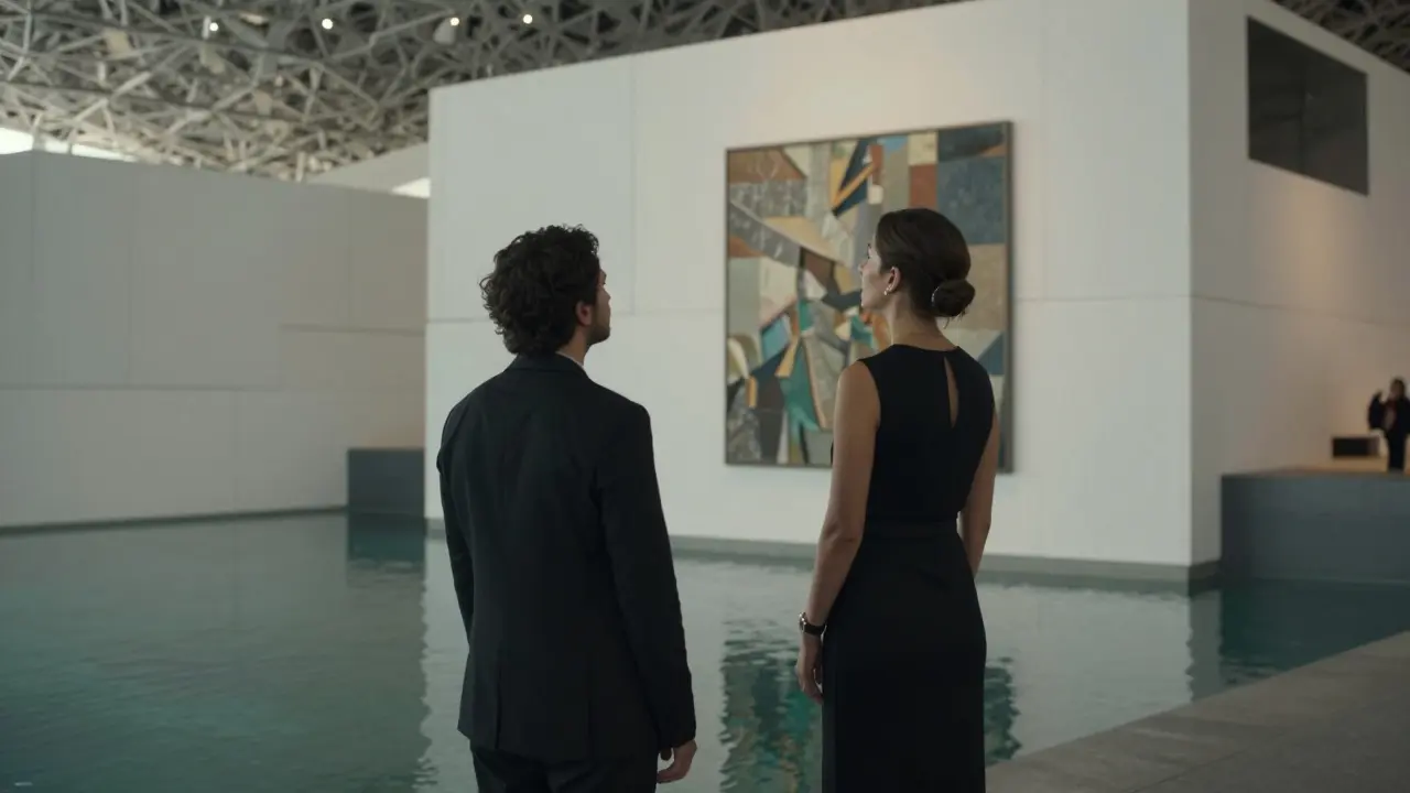 A professional escort and client admiring contemporary art together at the Louvre Abu Dhabi, surrounded by reflective water and soft lighting.