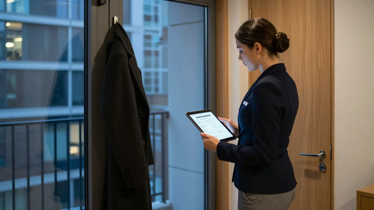 A professional escort in a modern London apartment presenting a safety checklist, conveying clear boundaries and professionalism.