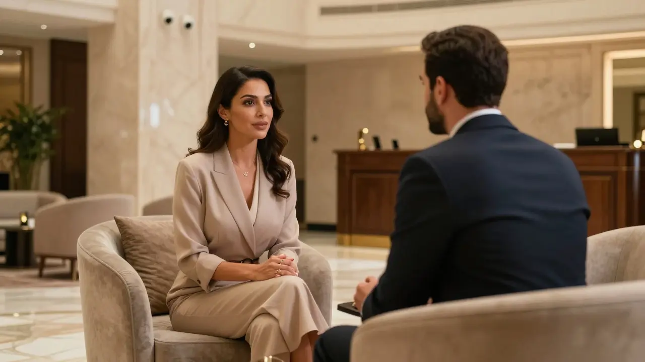 A professional escort meeting a client in a secure luxury hotel lounge with visible security and elegant decor.
