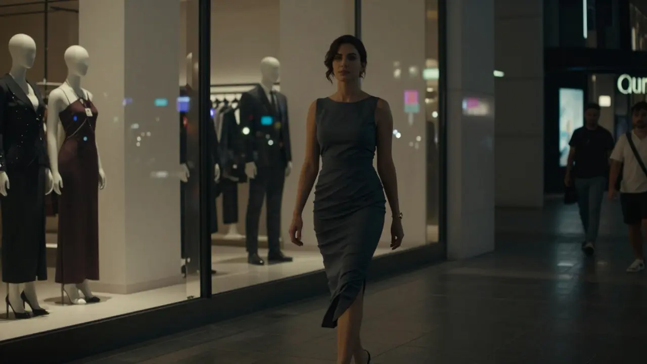 A professional escort walking unnoticed through the Dubai Mall at night, blending into the crowd.