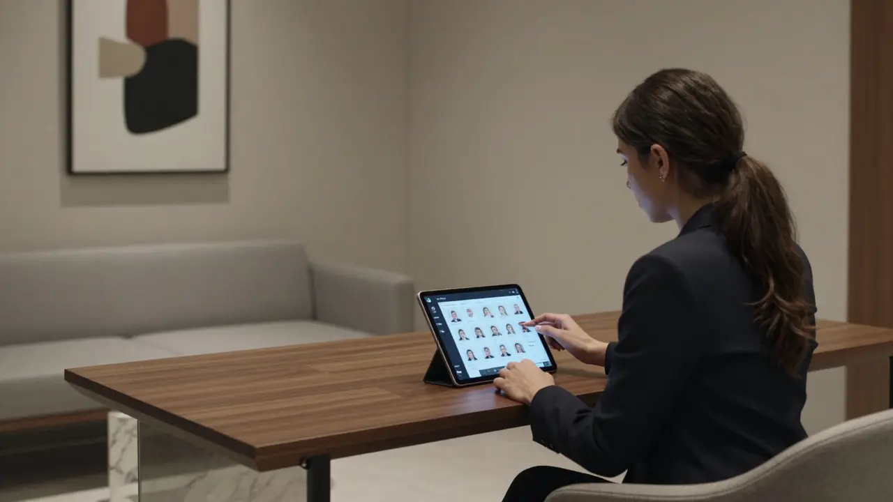 A professional woman reviewing verified client profiles on a tablet in a sleek, minimalist agency office in Abu Dhabi.