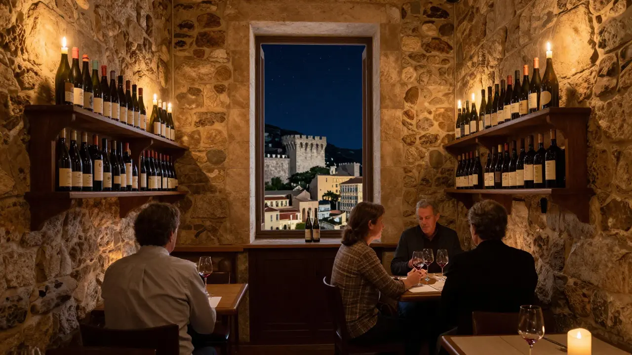 A quiet candlelit wine bar in Monaco's old town with stone walls and locals enjoying red wine.