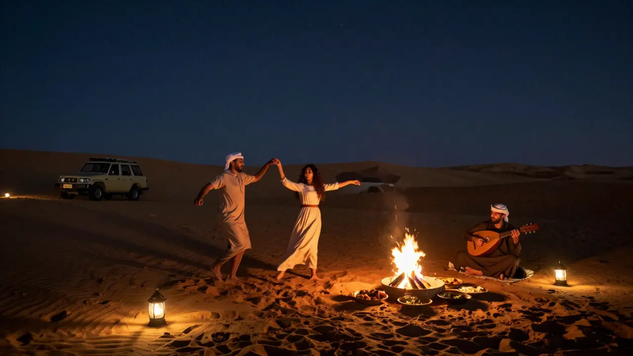 A quiet desert camp under stars with firelight, people dancing barefoot in the sand beside an oud player.