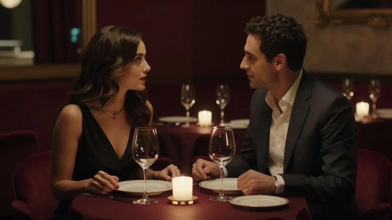 A refined couple enjoying a private dinner at a Milanese Michelin-starred restaurant.