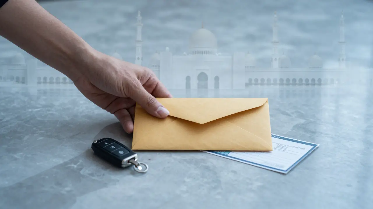 A sealed envelope and luxury car key on marble with faint outlines of Abu Dhabi landmarks in the background, symbolizing discretion and trust.