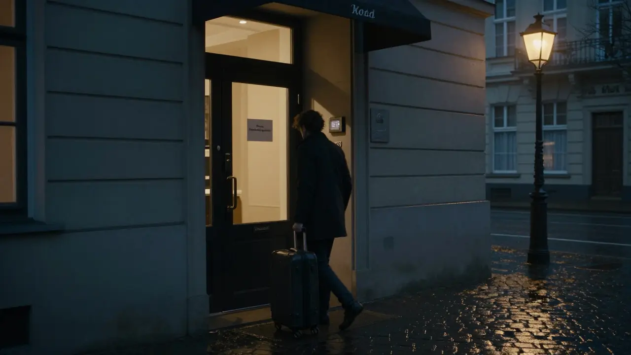 A solitary visitor approaches a discreet boutique hotel entrance in Berlin at dusk.