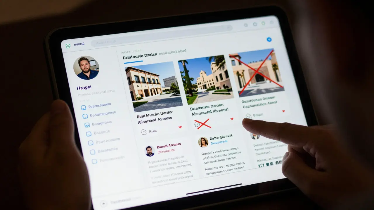 A tablet showing a genuine escort profile with personal photos and verified social media, alongside red flags of scams.