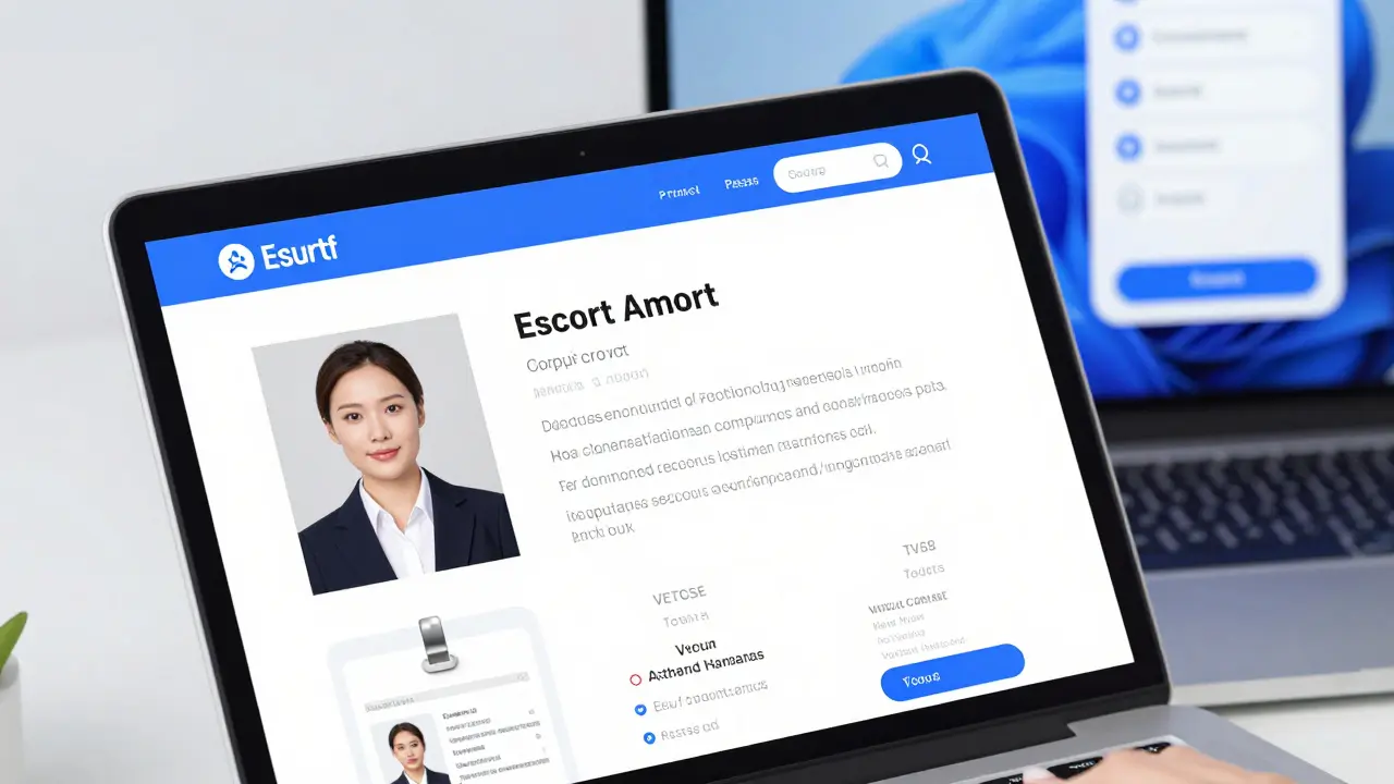 A verified escort profile on a secure booking platform with ID badges and detailed bio.
