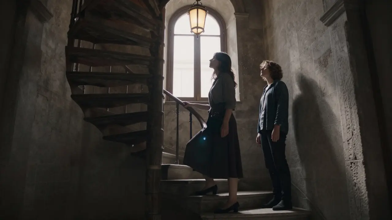 A woman pauses on a hidden spiral staircase in an ancient Milanese palace, lit by a single lantern.