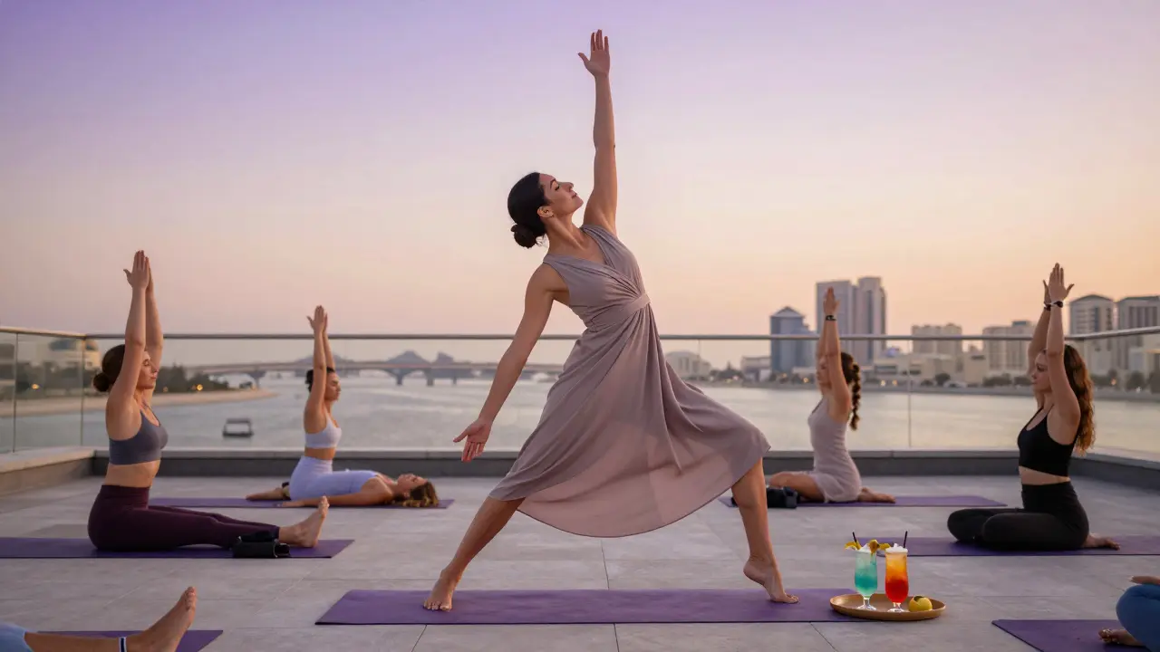 A woman practicing yoga on a rooftop at sunset with mocktails nearby, peaceful atmosphere.