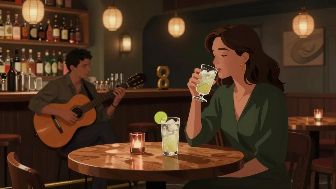 A woman sipping a mocktail in a quiet, softly lit speakeasy bar with live jazz music.