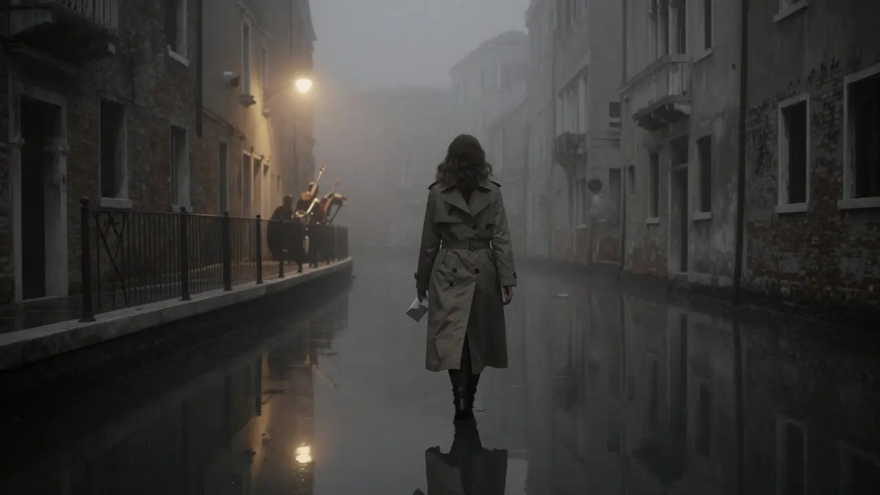 A woman walks alone through misty canals at night, holding an unopened envelope, her reflection faint in the dark water.