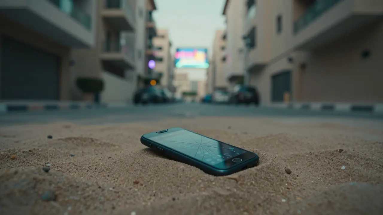 An abandoned burner phone in a Dubai alley, symbolizing the hidden risks of illegal encounters.