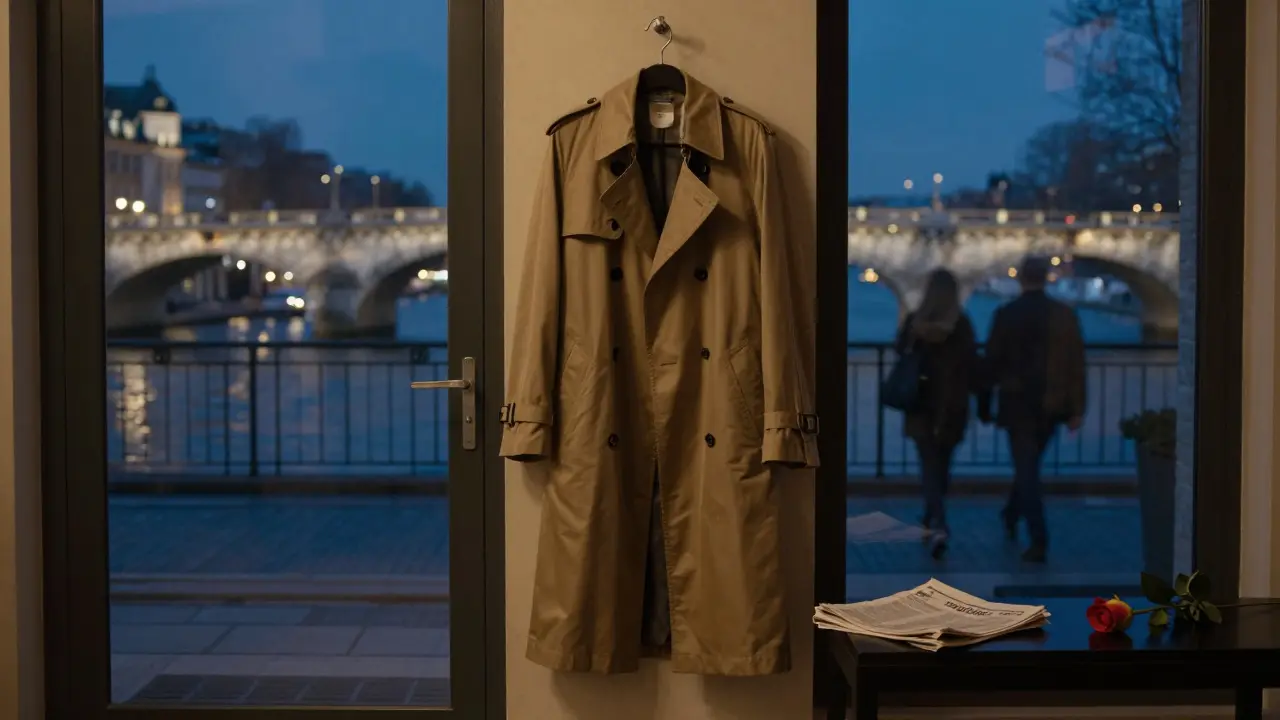 An empty trench coat hangs in a hotel lobby with a rose and newspaper, hinting at a meaningful departure.