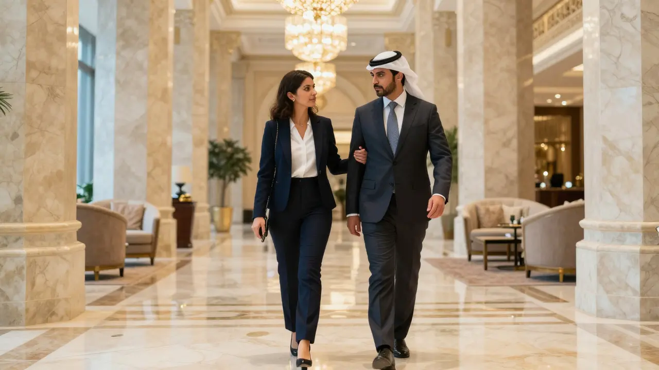 An executive and his professional companion walking through the opulent lobby of Burj Al Arab, exuding calm and cultural grace.