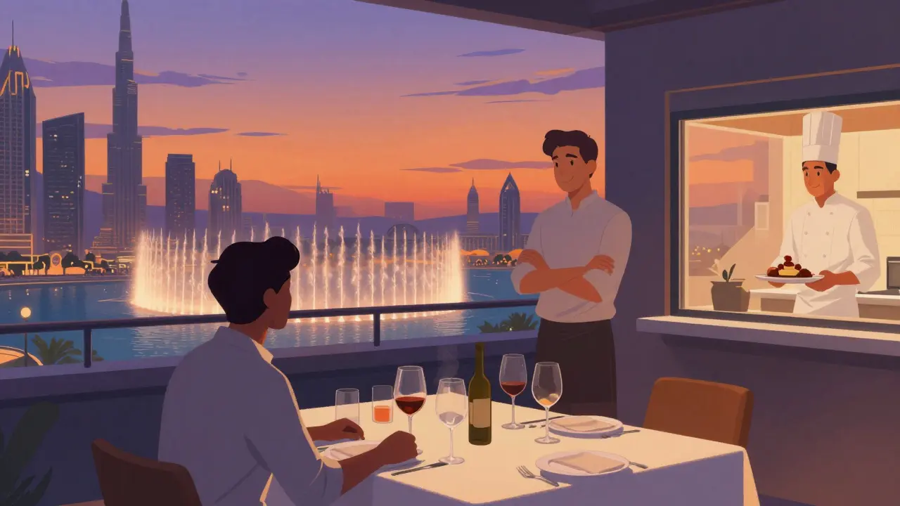 An intimate rooftop dinner in Dubai at twilight, with the fountain lighting up in the distance.