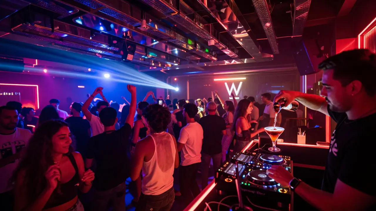 Crowd dancing in a neon-lit nightclub with a DJ spinning under mirrored ceilings and vibrant lights.