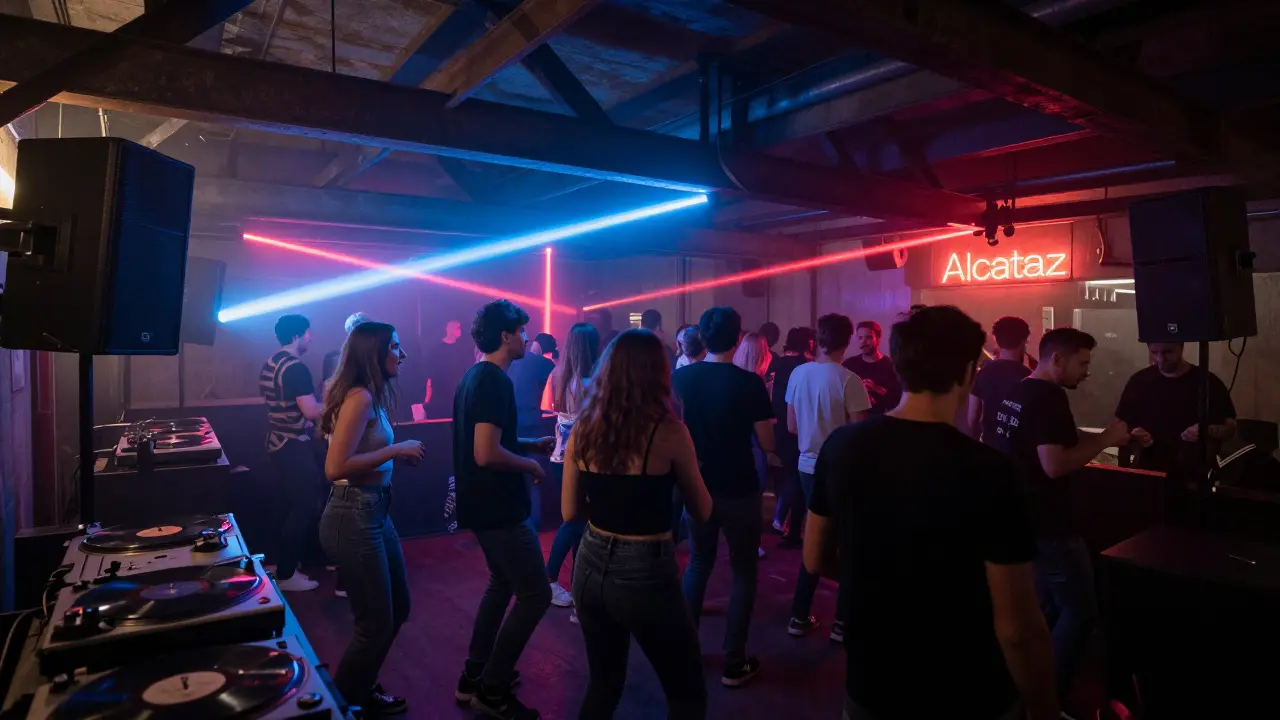 Crowd dancing in an industrial warehouse club under neon lights, no VIP section, raw underground vibe.