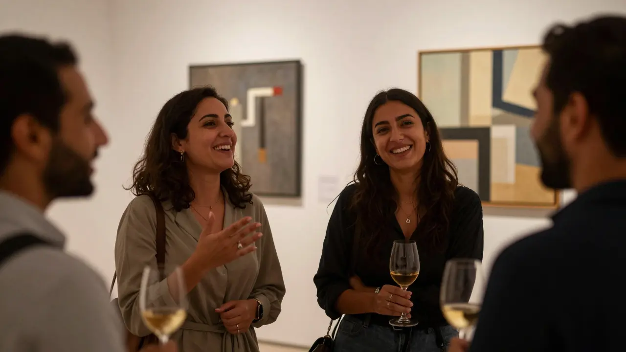 Expat friends enjoying an art exhibition in Abu Dhabi, sharing a genuine, meaningful moment together.
