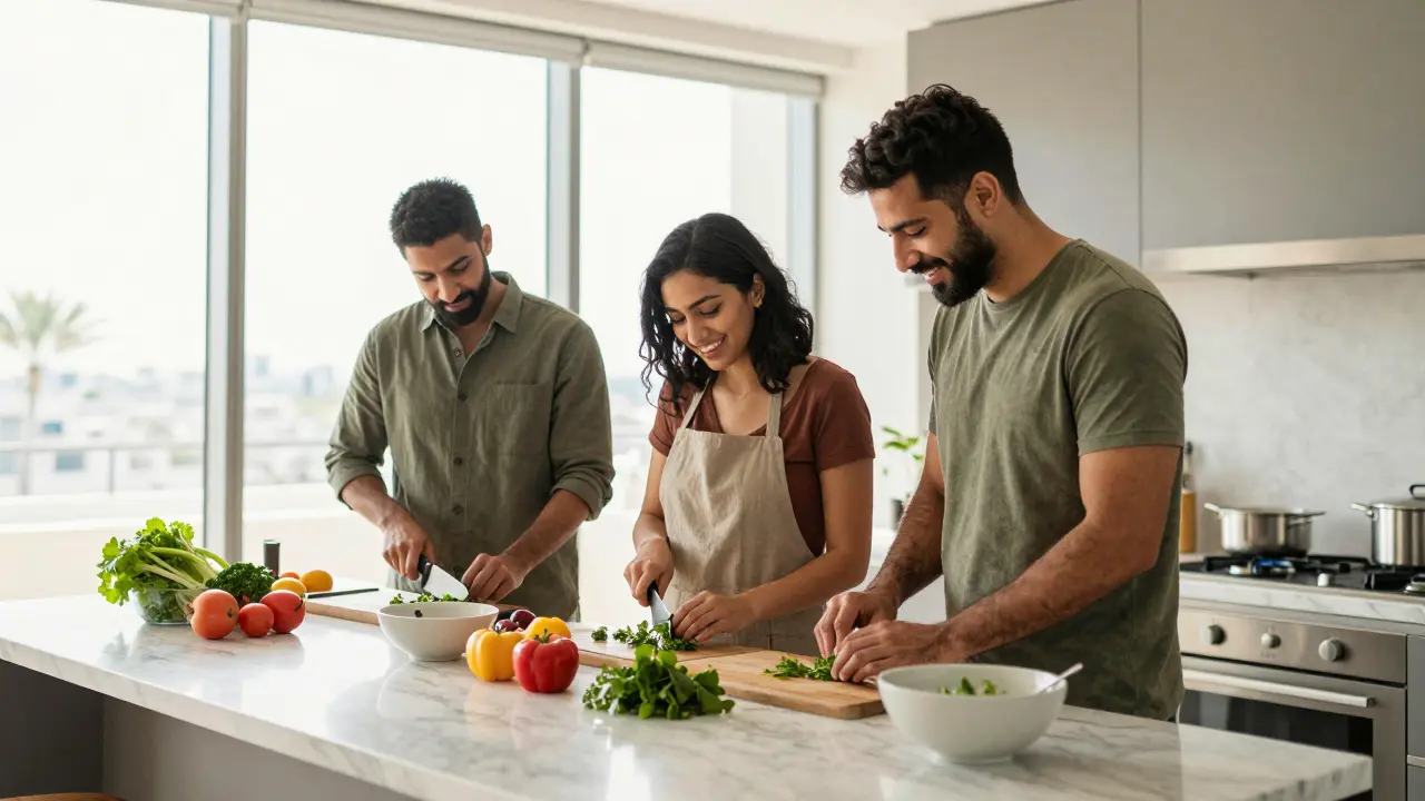 Expats participating in a legal cooking class, sharing a genuine moment of connection in Dubai.