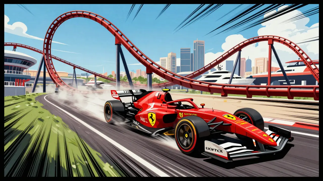 Ferrari World roller coaster speeding with Yas Marina in background