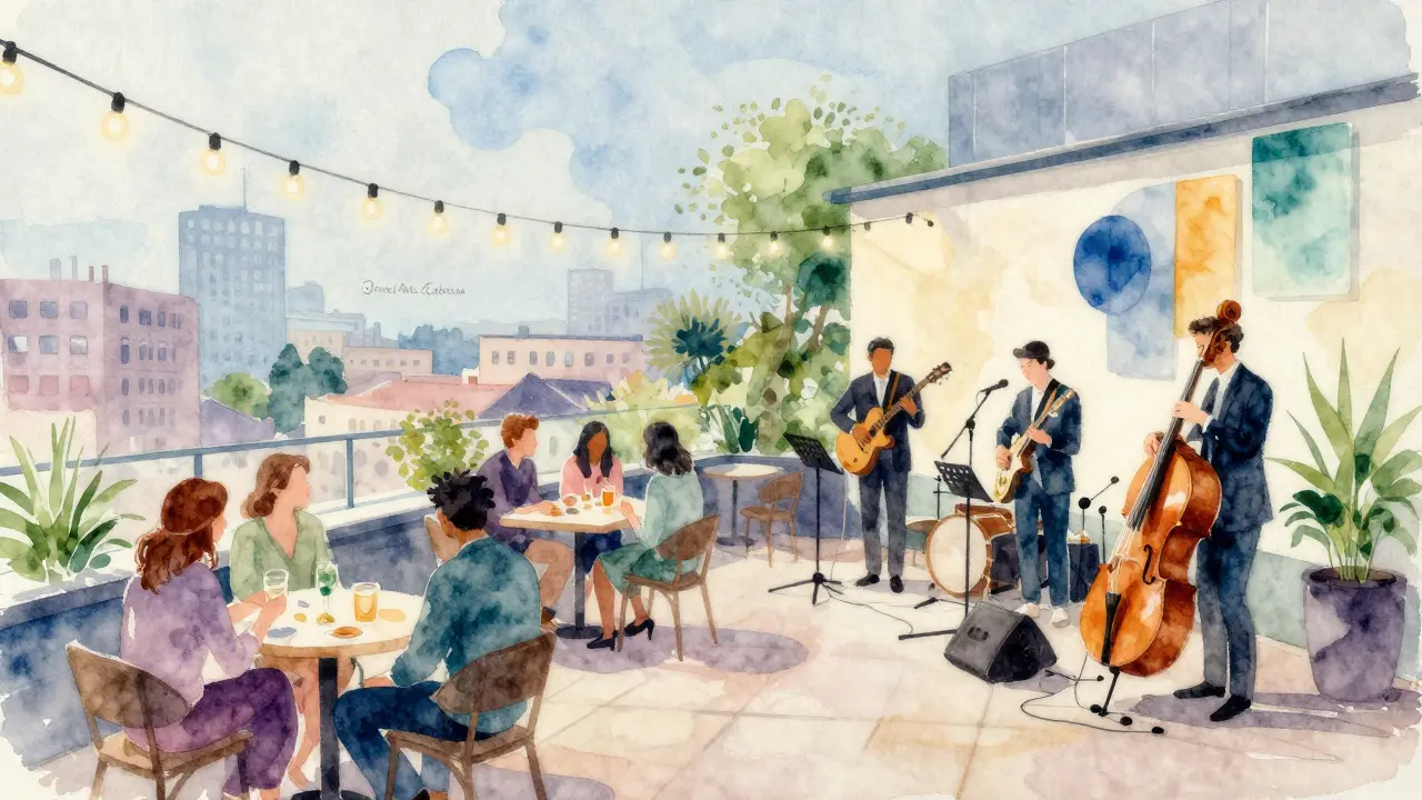 Jameel Arts Centre rooftop café with jazz performance and abstract art under string lights.