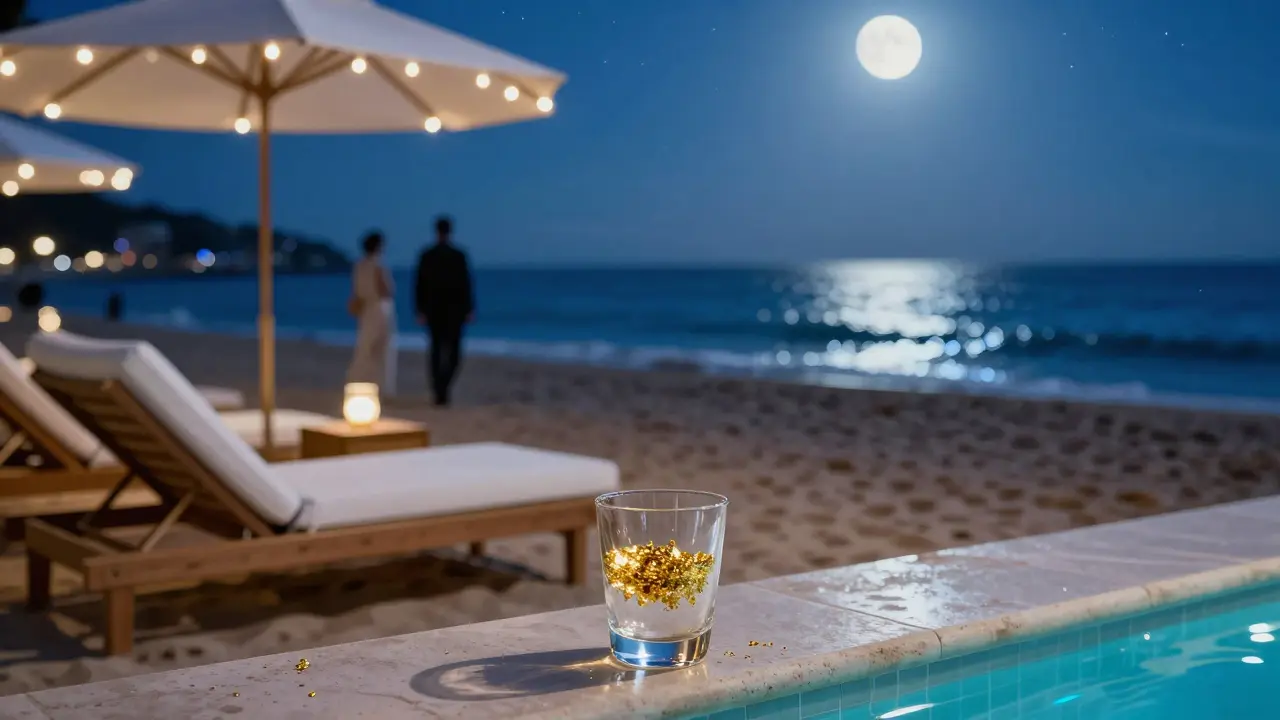 La Plage beach club after dark with gold-flaked drink and blue-lit pool under starry sky.