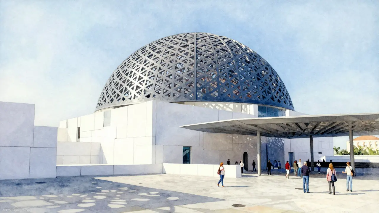 Louvre Abu Dhabi dome with light patterns and visitors