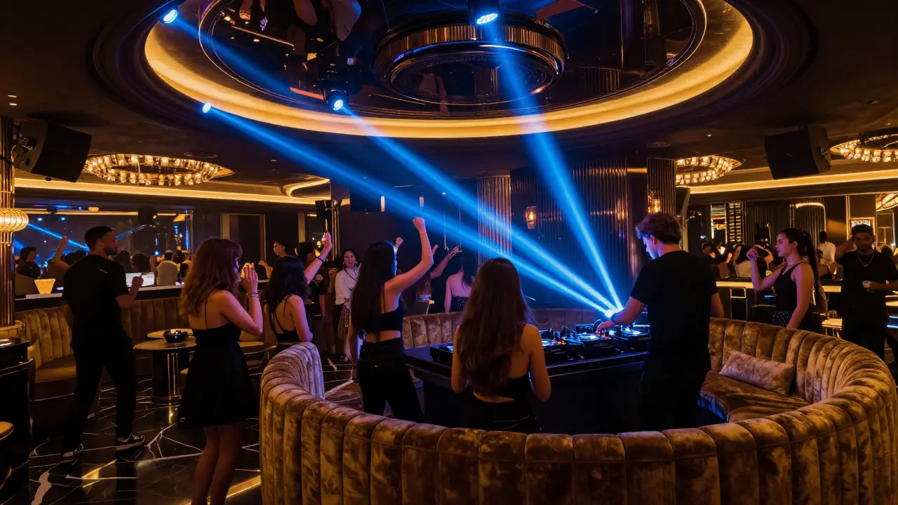 Luxury nightclub interior with neon lights, velvet seating and DJ performing for dancing crowd.