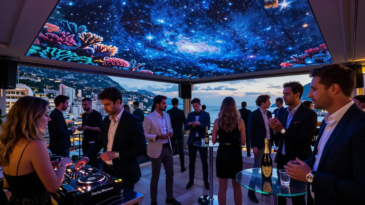 Pacha Monaco nightclub with LED ceiling shifting colors, dancers in upscale attire under pulsing lights.