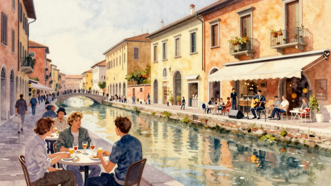 People socializing at Bracco bar in Navigli with live music and canals