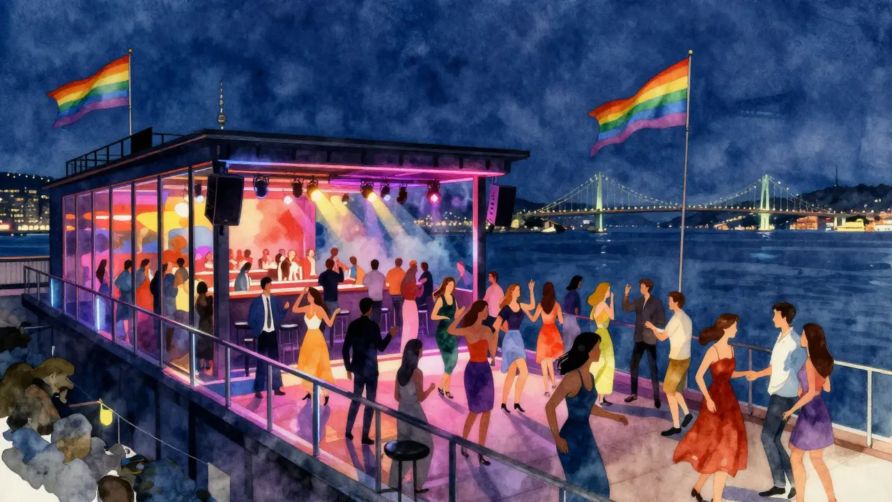 Reina nightclub on Bosphorus with diverse crowd dancing under rainbow flags at night.