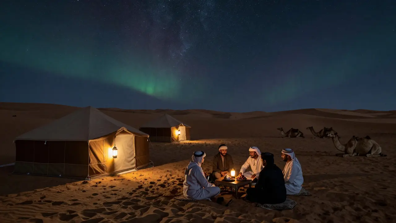 Serene desert night with lanterns, tents, and starry sky under traditional Bedouin setting.
