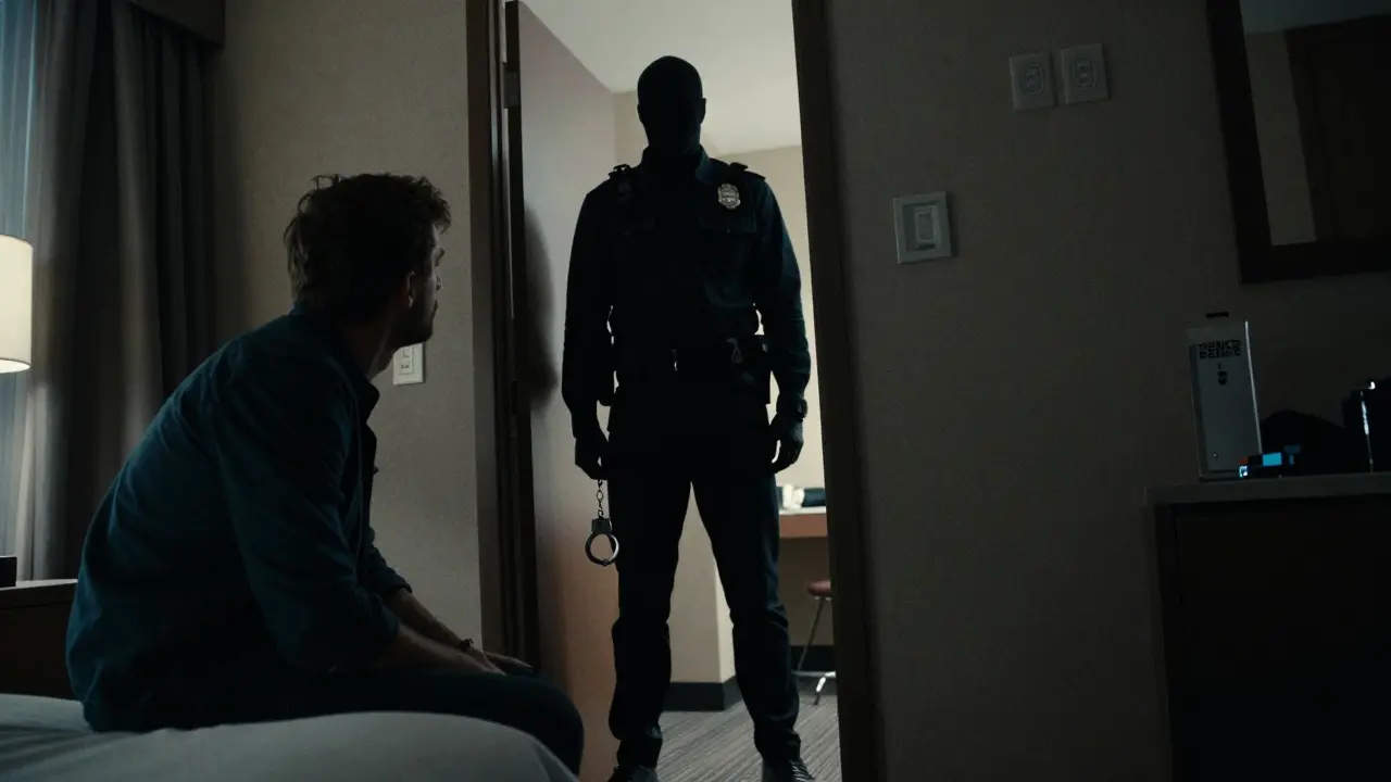 Tense hotel room scene with shadowy figure holding handcuff, scam risk.
