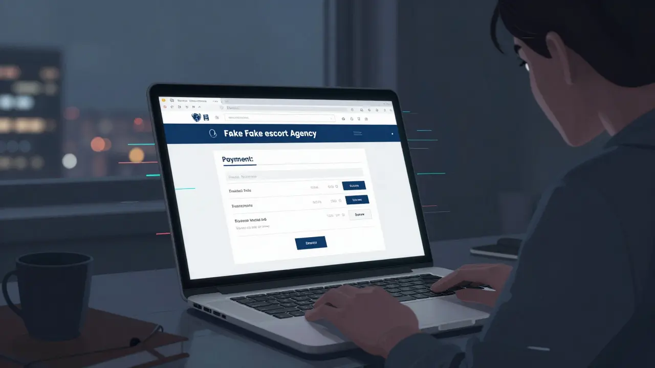 Traveler at laptop with fake escort payment page, glitch effects