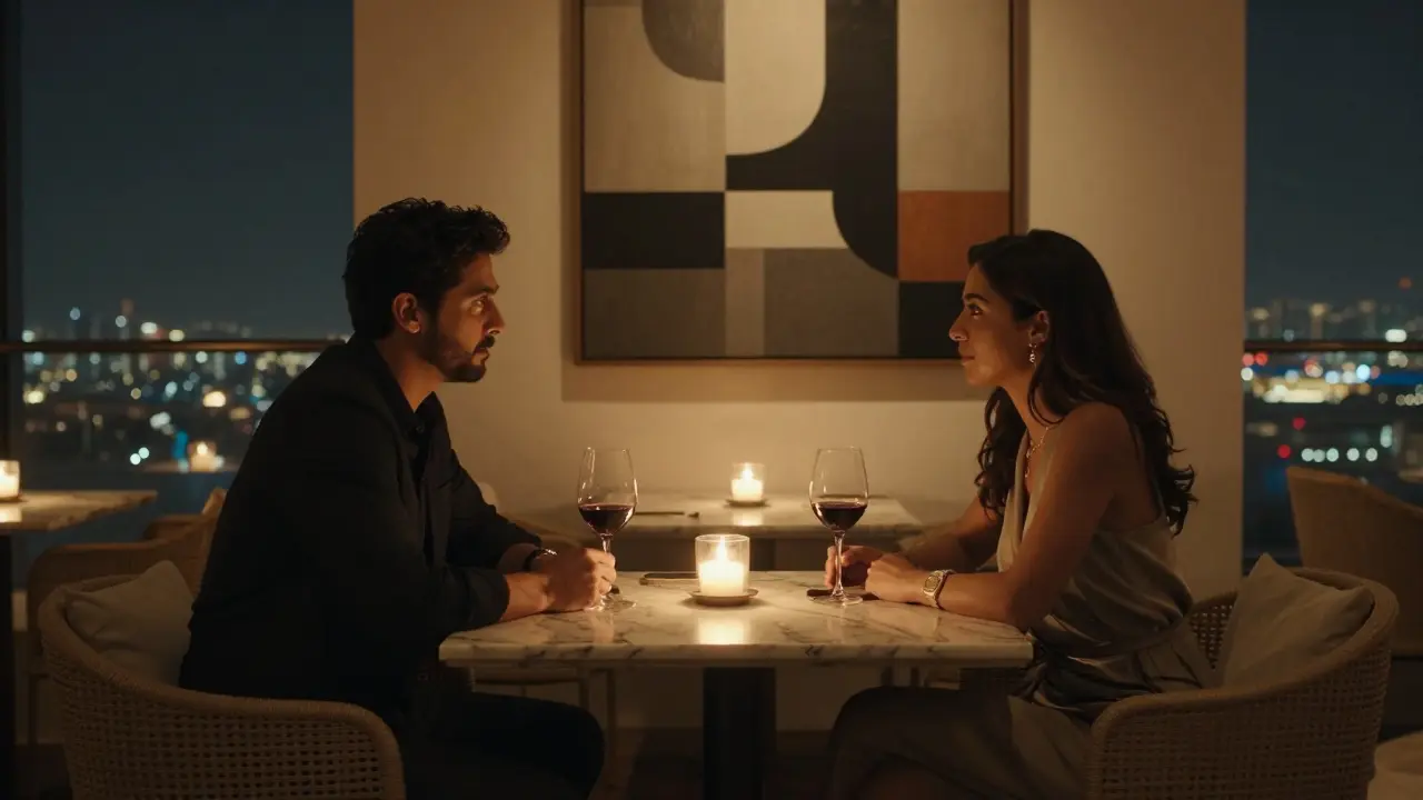 Two elegant individuals converse softly at a rooftop lounge in Abu Dhabi, candlelight glowing, art on the wall, no physical contact, just thoughtful connection.