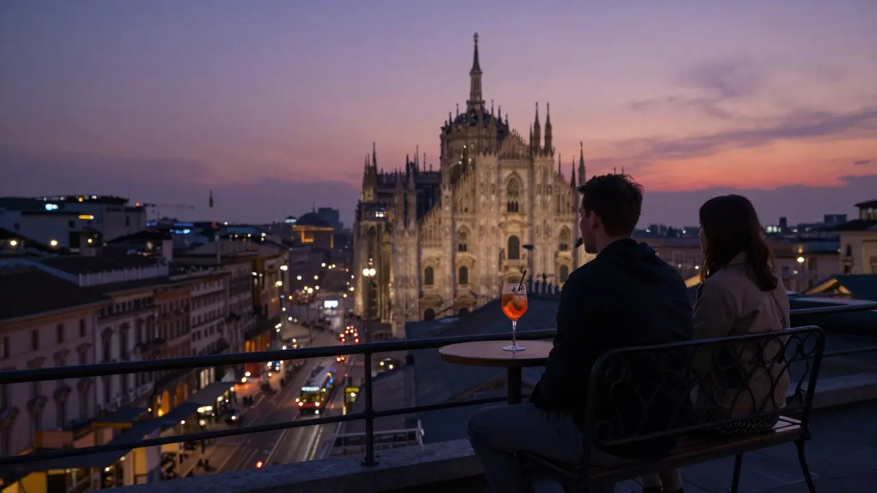 Two individuals sit in quiet companionship on a quiet rooftop at dusk, overlooking Milan's skyline.