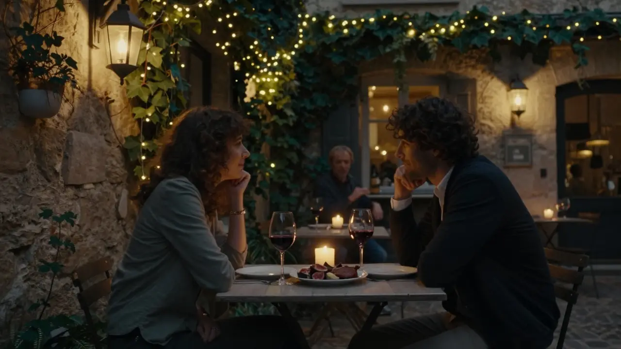 Two lovers dine under lanterns in a hidden courtyard restaurant, enjoying food and wine in soft candlelight.
