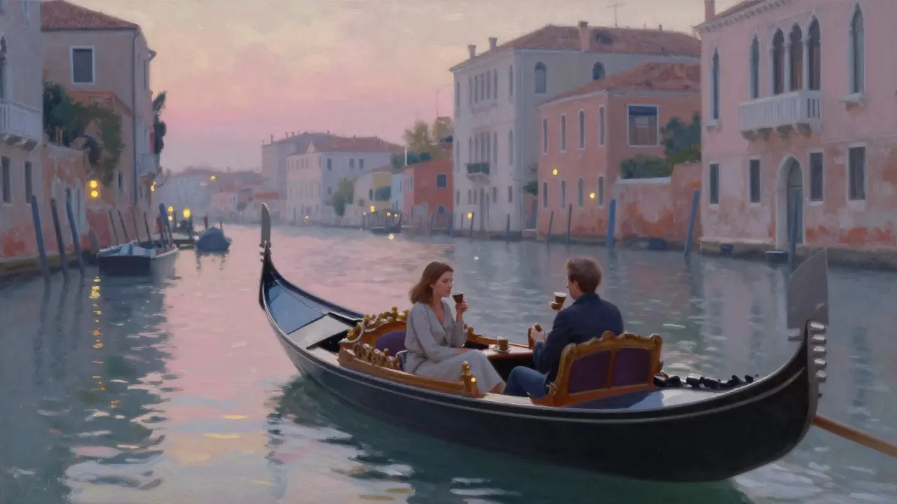 Two people on a sunset boat ride along the Navigli canals, bathed in soft golden light.