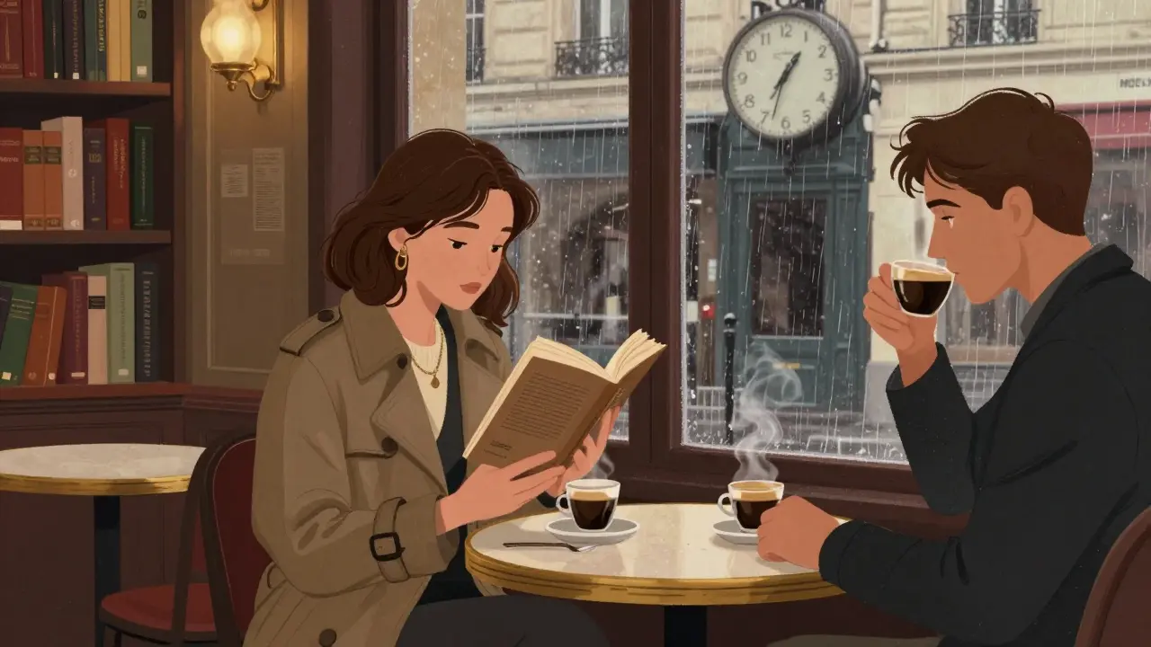 Two people share quiet conversation in a Paris café, books and coffee between them, rain streaking the window.