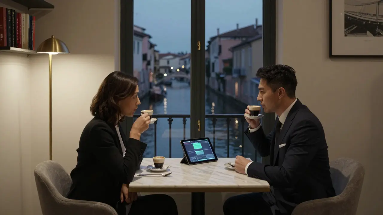 Two people sit quietly in a luxury hotel suite, sipping espresso with an encrypted device nearby and canal lights visible through the window.