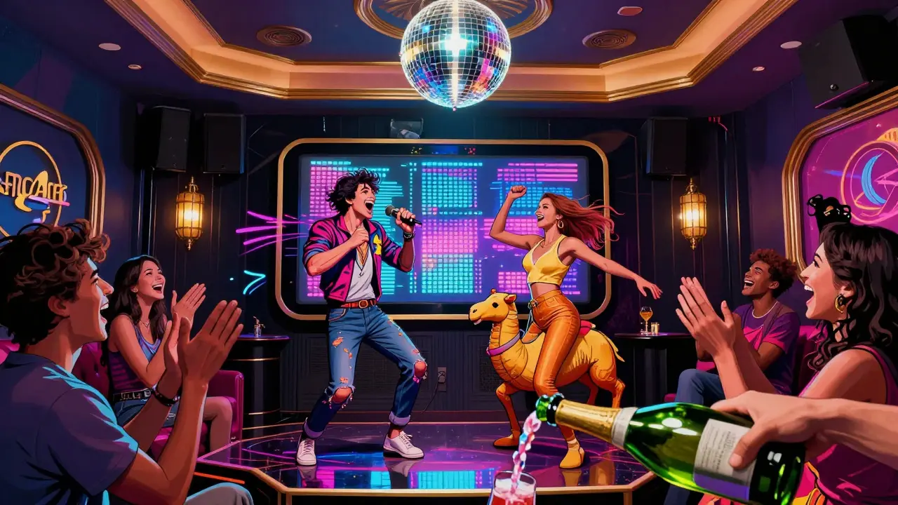 Two strangers performing a duet in a flashy karaoke room with a disco ball and camel cushions in Dubai.