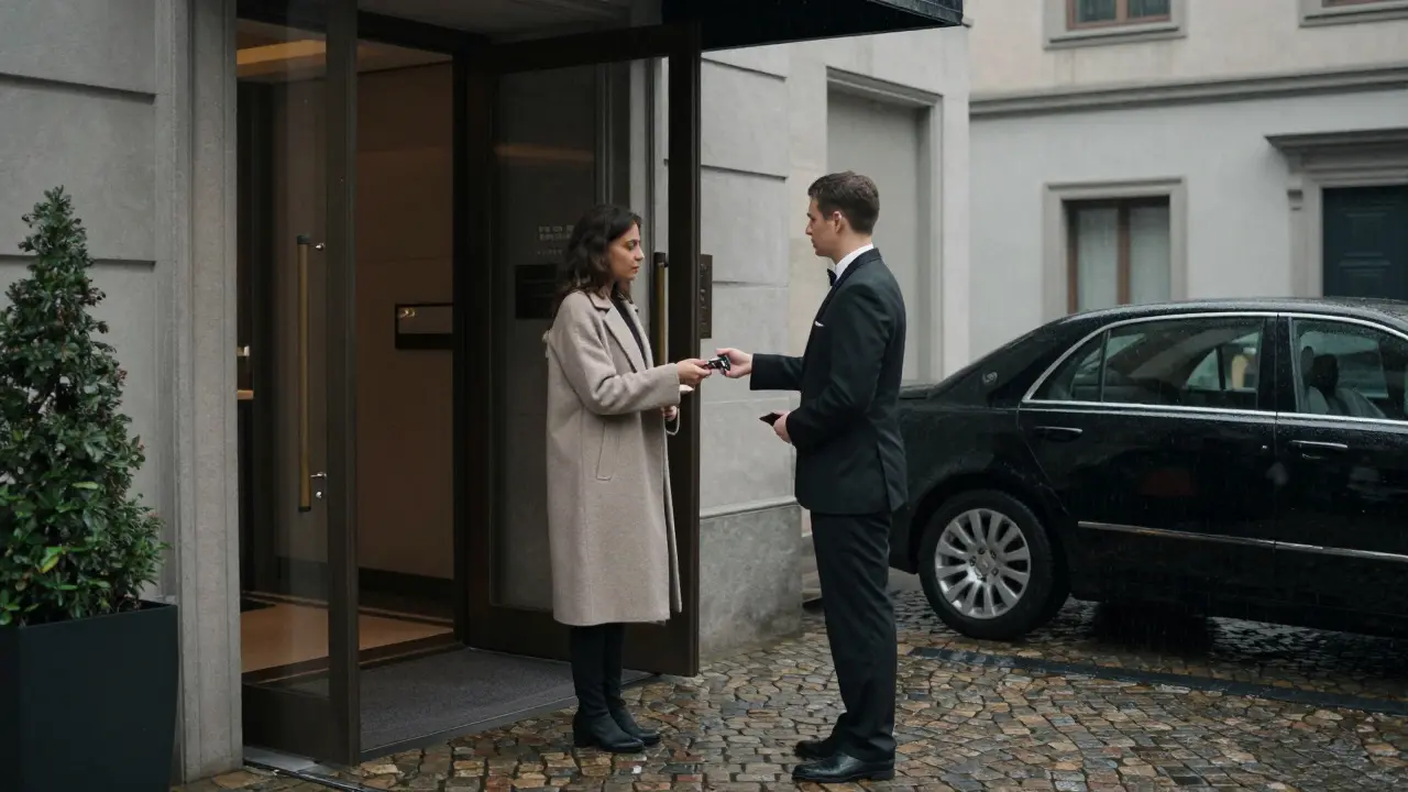 A discreet entrance at a luxury hotel in Milan, with a woman receiving a keycard from a concierge.