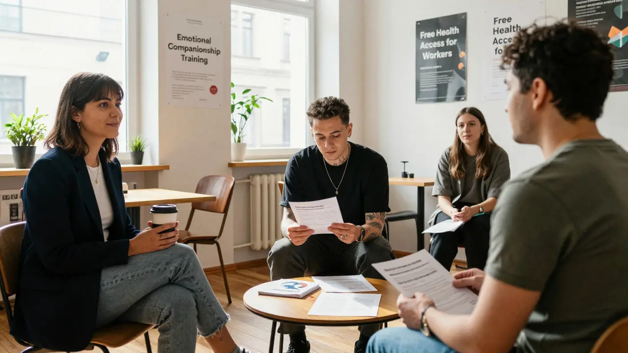 A diverse group of escort workers attending a community workshop on emotional companionship and mental health.